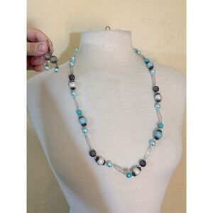 Aqua Blue White Beaded Necklace and Drop Earring Jewelry‎ Set Silver Tone